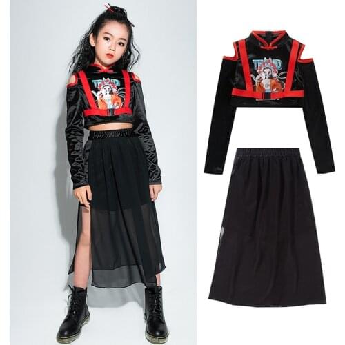 Chinese Style Jazz Performance Costume Hip Hop Dance Clothes For Girls Black Tops Skirts Cheerlead Catwalk Stage Clothing BL5985