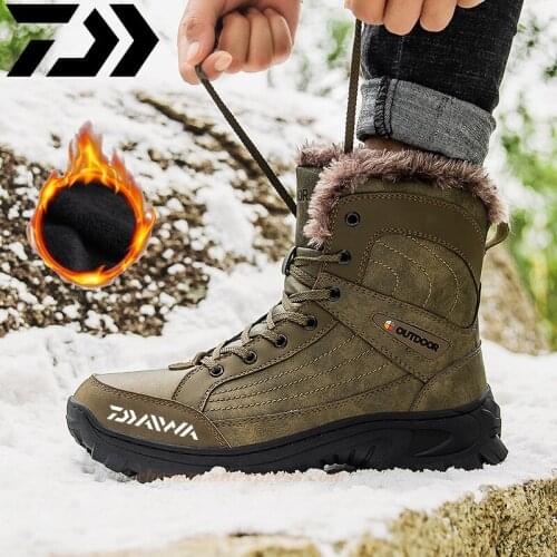 DAIWA Leather Men Fishing Boots Winter with Fur Warm Snow Boots Man Casual Outdoor Shoes High Quality Waterproof Ankle Boots