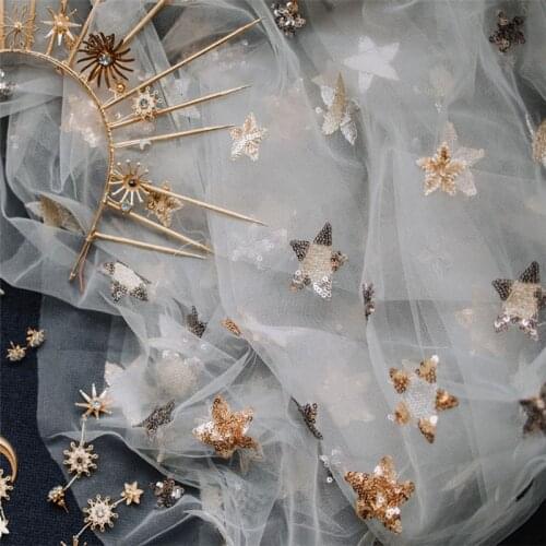 Beautiful Sequin Star Embroidery Print Lace Tulle Fabric For Bridal Gown wearing In Champagne, Gray, Navy Blue 91cm*150cm