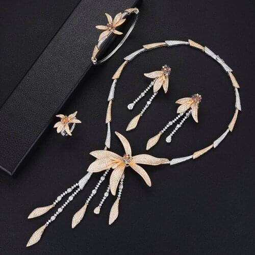 LARRAURI Famous Brand Luxury Charm Statement Daffodil Blooming Flowers Jewelry Sets Cubic Zirconia Bangle Earrings Necklace Ring