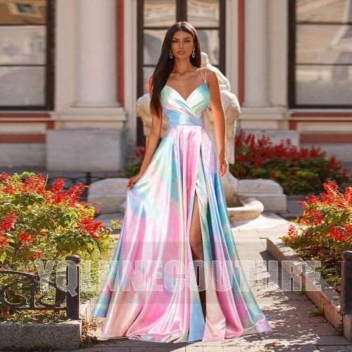 Fashion Sexy Slit Prom Dresses Long Summer Printing Silk Satin Lady Party Gown Straps Zipper Back