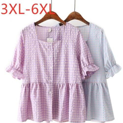 New 2021 Ladies Summer Plus Size Tops For Women Large Blouse Short Sleeve Loose Casual Cotton Pink Plaid Shirt 3XL 4XL 5XL 6XL