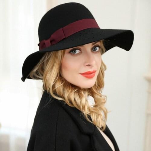 Autumn Winter Women Fedoras Hat Wool Bowknot British Vintage Fashion Fedora Hats Girl Ladies Korean Version Elegant Cap H6827