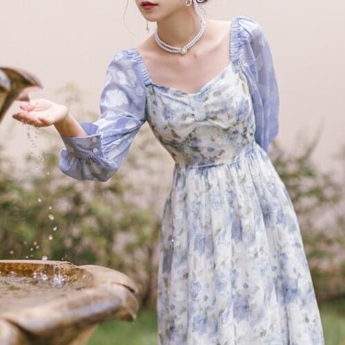 Fall Dress Female Square Neck Sweet Vestido Floral Dresses Sexy Halter Blue Gentle Romantic Party Girl Jacquard Fairy Dress Lady