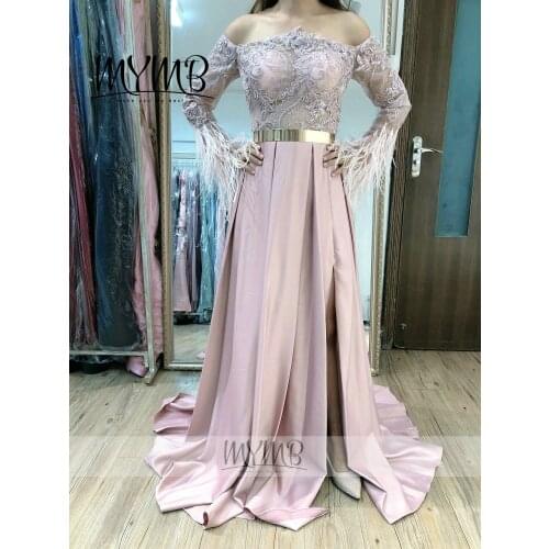 Off The Shoulder Lace Couture Dress Long Sleeve With Feathers MYMB Designer Pink Prom Dress With Split MY41124