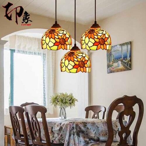 Tiffany European Pendant Light Sunflower Iron Stained Glass Restaurant Lamp Glass Scandinavian luminaire suspendu