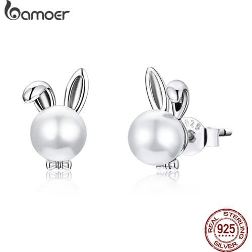 BAMOER 925 Sterling Silver Cute bunny Earrings for Women Wedding Engagement Ear shell pearl Hypoallergenic Brincos BSE463