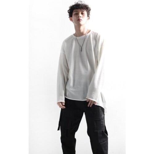 Spring trend mens long sleeve T-shirt solid color round neck bottom shirt casual