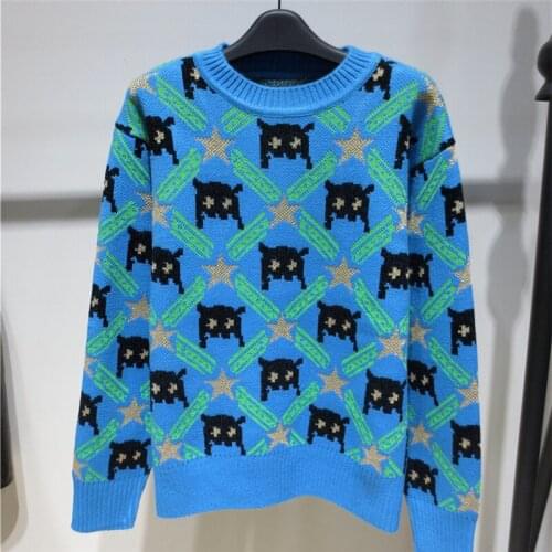 Autumn And Winter New Loose Knit Sweater Korean Style Pullover Round Neck Geometric Clash Jacquard Casual Sweater Jumper