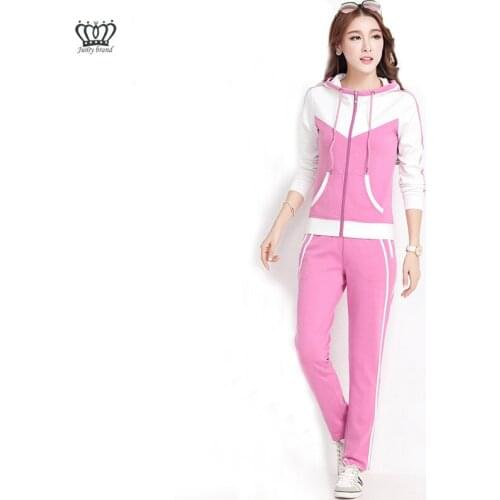 Spring/Fall/winter Sporting Suits Ladies Slim 2 Pieces Sets Cotton Women Hooded zipper Tops and Long Pants Female Tracksuit red