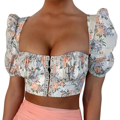 2019 new arrival camiseta mujer t-shirt Women Sexy Print Short Sleeve Navel Puff Sleeve beach holiday Tops summer female T-shirt