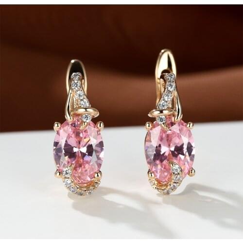 Temperament OL Rose Gold Earrings for Women Oval Blue Pink Red Zircon Gemstone Stud Earrings Piercing Ear Clips Jewelry Gift