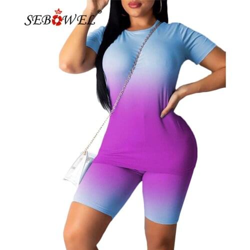 SEBOWEL Summer Woman Gradient Two-piece Casual Set Sport Female Short Sleeve T-shirts + Shorts Tracksuit Outfits Clothes S-XXL