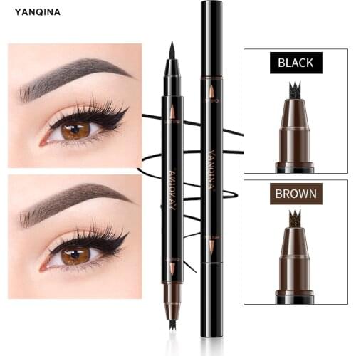 Eyebrow Liquid Pencil Double Head 3 Tips Microblading Eyes Make Up Tint Henna Easy to Wear Brow Enhancer 2 in 1 Eye Liner Pen