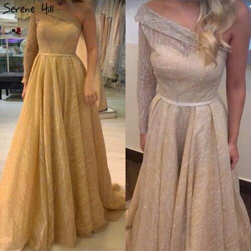 Gold One Shoulder Sexy Dubai Evening Dresses 2020 Long Sleeves Luxury Sparkle A-Line Formal Dress Serene Hill LA70329
