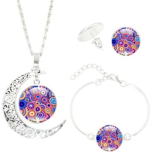 12 Colors Bohemian Mandala Flower Necklace Bracelet Earrings Jewelry Sets Gem Moon Pendant Yoga Jewelry Christmas Gifts