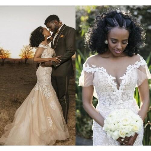 2021 Vintage Mermaid Wedding Dresses Sheer Jewel Neck Sweep Train Ruffles Appliques Lace Garden Beach Bridal Gowns vestidos de