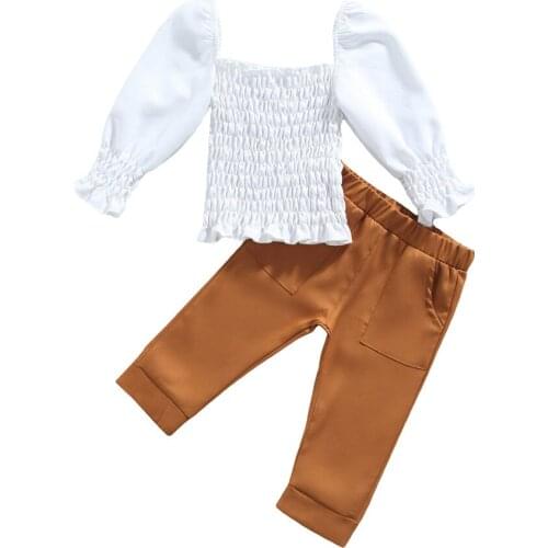 2021 1-6Y Fashion Kids Baby Girl Clothes Set Off Shoulder Pleated White Solid Long Sleeve Blouse+Pants Spring Autumn 2pcs