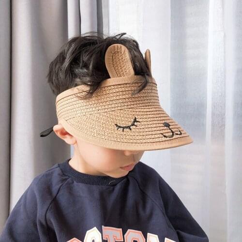 48-53cm Kid Sun Hat Summer Sun Hats Boys Girls Foldable Straw Hat Empty Top Cute Cartoon Rabbit Ear Sunscreen Beach Hat 3 Colors
