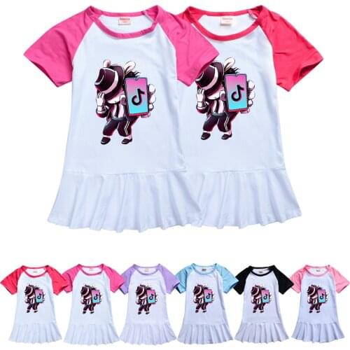 TIK TOK Kids Dress Patchwork Pleated Skirt Cartoon Print Princess Dress Baby Girls Clothes