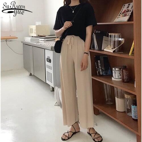 Elegant Pants Women 2021 Loose Casual Trousers Women Ankle-length Pants Korean Style High Waist Elastic Solid Clothing 9953