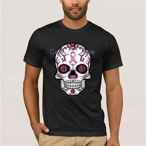 Short fashion T-shirt men Breast cancer awareness Skull Pink ribbon mom wife Colonhue round neck cool man T-shirt