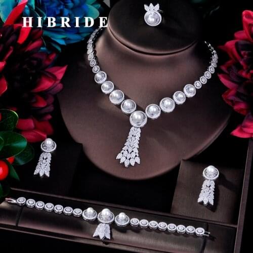 HIBRIDE Luxury 4pcs Bridal Big Pearl Jewelry Sets For Women Party Wedding Accessories Dubai Bangle Earring Jewelry N-766