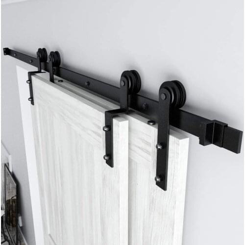 JACHOR 4-16FT Bypass Sliding Barn Door Hardware Kit I-Shaped Door Hanging Roller Rail Double Door Slide Pulley Set