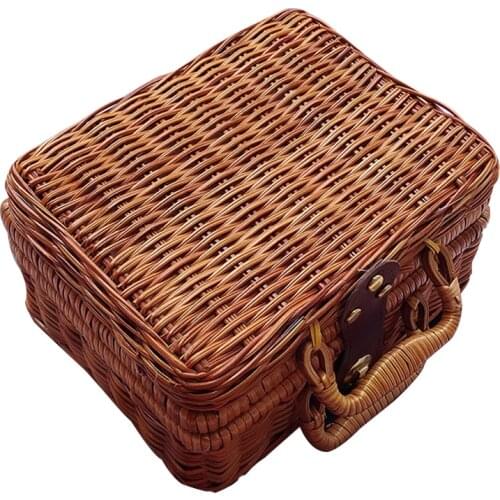 Creative Bamboo Woven Rattan Storage Basket With Lid Storage Clothes Sundries Toy Box Organizer Wicker Picnic Camping Basket