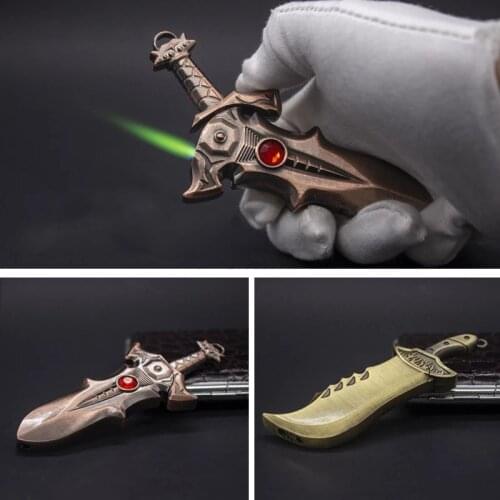 Cool Creative Sword Knife Butane Lighter Flashlight Metal Inflatable Green Fire Windproof Lighter Mens Toy Smoking Accessories