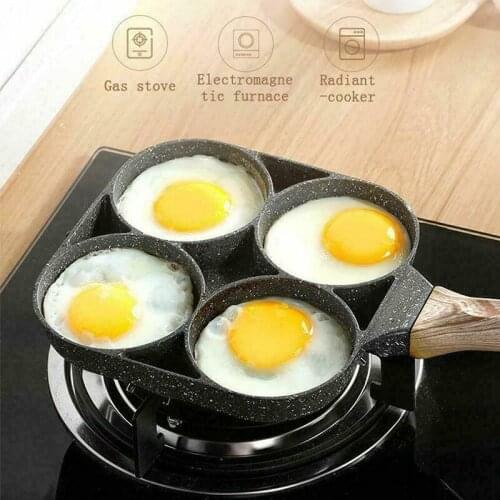 4 Hole Omelet Pan for Burger Eggs Ham Pancake Maker Wooden Handle Frying Pot Non-stick Cooking Breakfast Maker Cookware Dropship