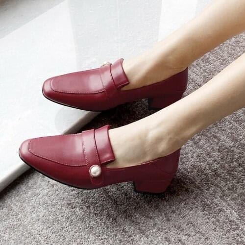 Genuine Cow leather Chunky Middle Heels loafers Womens Shoes Soft Sheepskin Insole Pearl Ladies Single Pumps