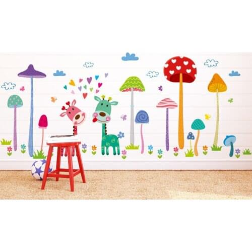 Cartoon mushroom forest home decor wall sticker childrens room DIY mushroom family fawn removable wardrobe flowers grass decals