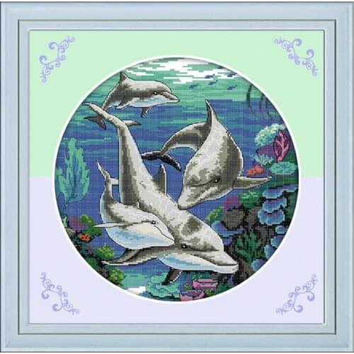 11CT 14CT Furniture Sewing Cross Stitch Kit, Underwater World Animal Dolphin Pattern Handmade Sewing Embroidery