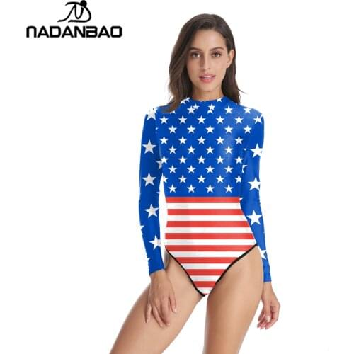 New Arrival One Piece Swimsuit Loog Sleeve Zippered Surfing Bathing Suit American Flag Printed Women Swimwear Swim Suit Y02025