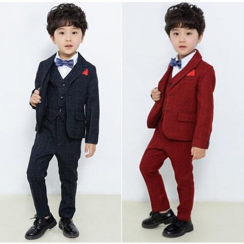 Formal Childrens Suit Set Flower Boys Wedding Party Performance Costume Kids Plaid Blazer Vest Pants Shirts Clothing Set
