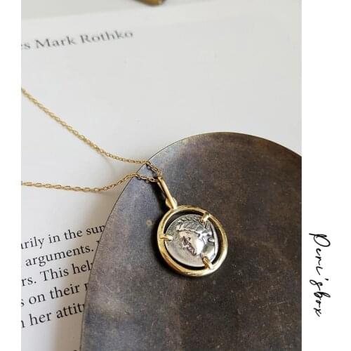 PerisBox 925 Sterling Sliver Protrait Coin Pendant Chokers Necklaces Minimalist Layering Choker Statement Disc Necklaces Bijoux