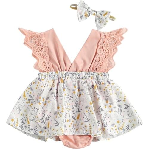 Newborn Romper Dress with Bow Headband, Sweet Style Print, Lace Decoration Summer Clothing