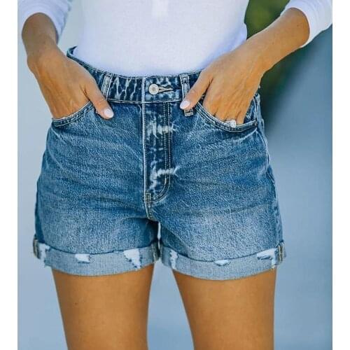 Blue Straight Women Casual Denim Shorts 2021 Summer New Urban Washed Distressed Solid Color Jeans Shorts Female Short Jeans