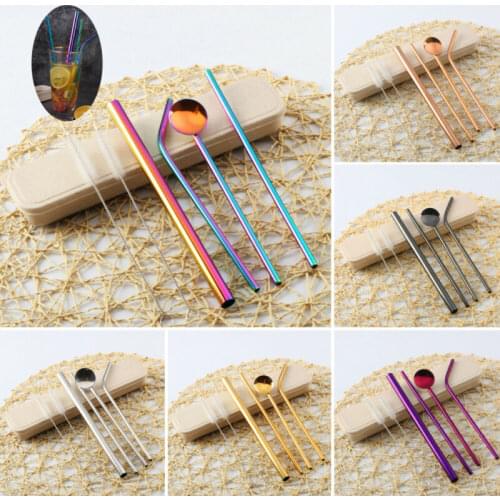 7pcs/Set Stainless Steel Straight Bent Straws+Spoon+Cleaning Brush Drinking Tool Drinking Straws Spoon Brush Kits