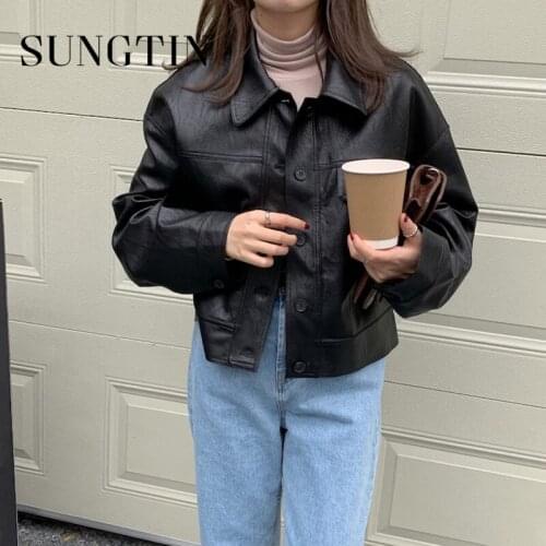 Sungtin Autumn Winter Black Faux Leather Jackets Women Casual Loose Soft Pu Coat Fashion Motorcycle Streetwear Female Outerwear