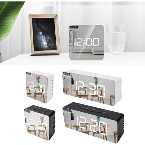 USB Alarm Clock Digital LED Modern 12/24 Hour Display Mirror Night Lights