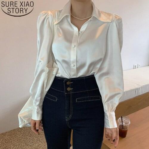 Puff Long Sleeve Lapel Shirt Chic Korean Loose Satin Blouse Women Button Up Shirt Elegant Women Shirts Tops Blusas Mujer 12635