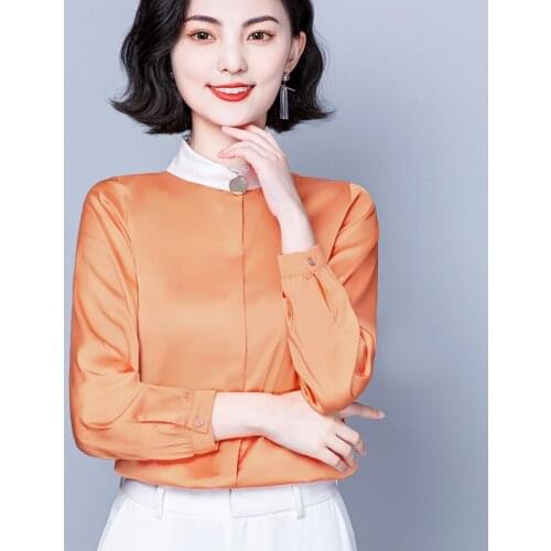 Ladies Office Blouses Long Sleeve Stand Collar Color Stitching Elegant 2021 Autumn Womens Shirts Plus Size Straight Slim Top