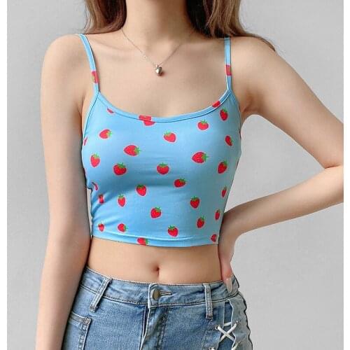 2020 Women Girls Sweet Strawberry Print Camis Bow Summer Crop Tops Casual Pink Beach Holiday Tanks Sun-tops Camisole