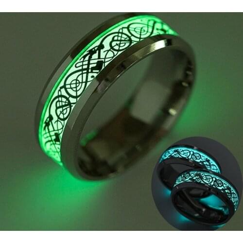 Women men Silver Glow in the dark Stainless Steel Dragon pattern Luminous Rings Finger ring Fashion Minimalist couple Jewelry