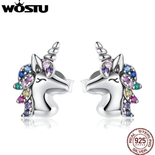 WOSTU 925 Sterling Silver Cute Sharp Horned Horse Colorful Zircon Unicorn Stud Earrings Women Fashion Jewelry Making Gift DAE496
