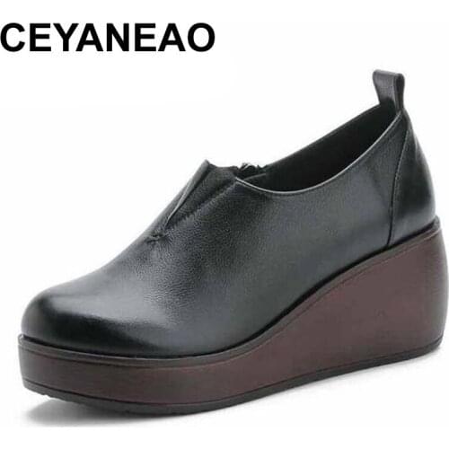 CEYANEAO 2020best selling new autumn deep mouth genuine leather shoes for women comfort increase the thick lower slope with hig