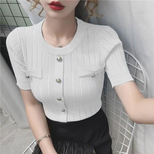 Korean Style Tops 2020 Summer Casual Hollow Out White Thin Sweater Women Button Short Sleeve Knitting Pullover Woman Clothes