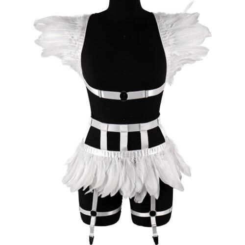 Gothic Harness Underwear Set Garter Belts Sexy Women Natural Feather Body Bondage Lingerie Suspenders Belts Punk Clothes Jewelry